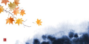 Soyut mavi mürekkep arka planında sonbahar yaprakları. Geleneksel oryantal mürekkep boyası sumi-e, u-sin, go-hua. Hiyeroglif- sonsuzluk.