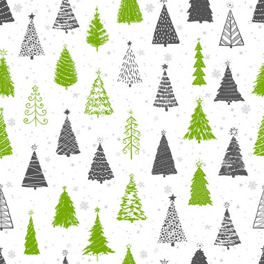 Karalama Noel ağaçlarıyla kusursuz bir desen. Duvar kağıdı, şablon dolguları, tekstil, web sayfası arka planı, yüzey dokuları için kullanılabilir