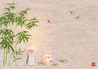 Toro stone lantern, lotus flower, bamboo tree and dragoflies on vintage background. Japansese zen garden composition. Translation of hieroglyph - joy. clipart