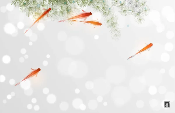 Liitle Красные Рыбы Seaweed Белом Перчаточном Фоне Традиционная Восточная Чернильная — стоковый вектор