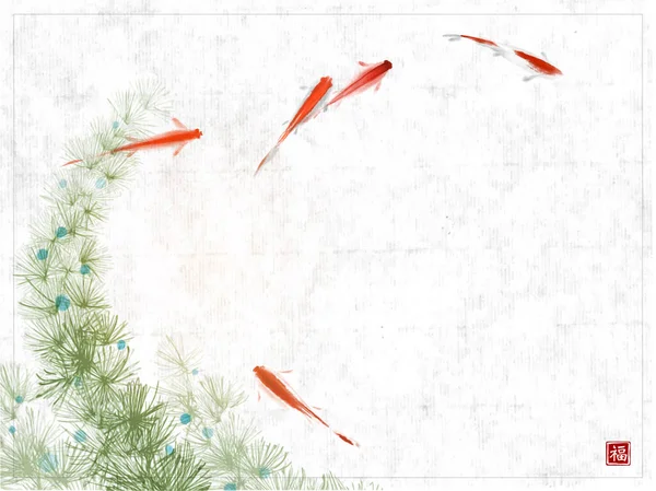 Липучі Червоні Риби Водорості Фоні Рисового Паперу Традиційний Східний Малюнок — стоковий вектор