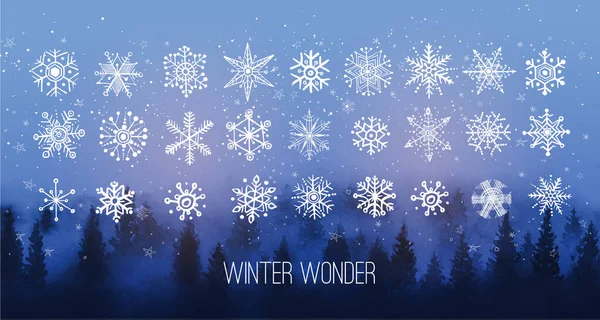 Kartka Świąteczna Białymi Płatkami Śniegu Tle Lasu Niebieskiej Zimowej Nocy — Wektor stockowy