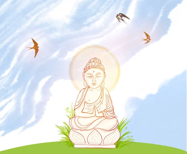 Estatua Buda Golondrinas Cielo Azul Con Nubes Blancas — Archivo Imágenes Vectoriales