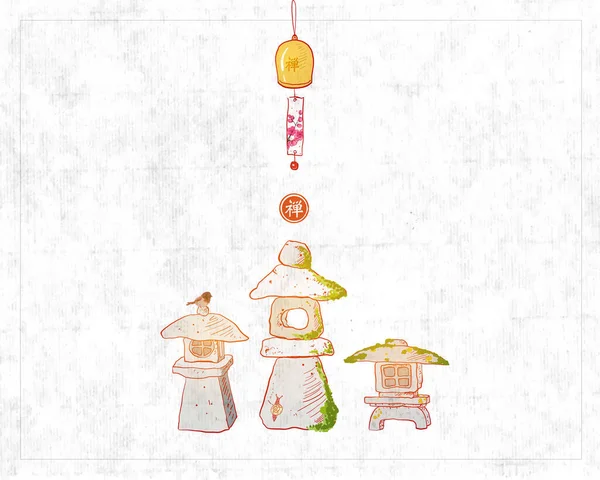 Three Mossy Stone Toro Lanterns Furin Bell Sakura Blossom Japanese — Stock Vector
