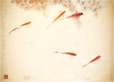 Klasik arka planda küçük balıklar ve deniz yosunu. Geleneksel oryantal mürekkep boyası sumi-e, u-sin, go-hua. Hiyeroglif- neşe.