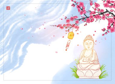 Mavi arka plandaki çiçek açan sakura ağacının altındaki Buda heykeli. Hiyeroglifin çevirisi - zen.