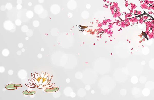 Lotus Λουλούδια Κάτω Από Ανθισμένο Κλαδί Sakura Λευκό Λαμπερό Φόντο — Διανυσματικό Αρχείο