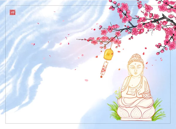 Statuia Lui Buddha Sub Copacul Sakura Înflorit Fundalul Albastru Cerului — Vector de stoc