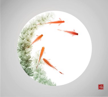 Küçük kırmızı balıklar ve yosunlar gri arka planda beyaz daireler çiziyor. Geleneksel oryantal mürekkep boyası sumi-e, u-sin, go-hua. Hiyeroglif- iyi şanslar.