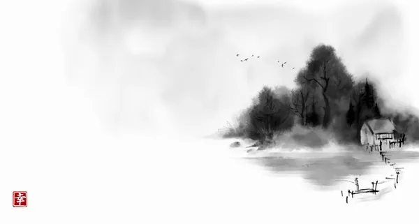 Пейзаж Рыбаком Деревянном Пирсе Туманного Берега Реки Традиционная Восточная Чернильная — стоковый вектор