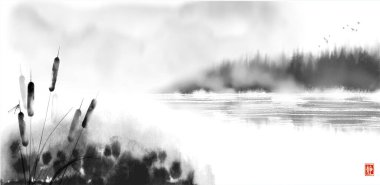 Kedi kuyruğu, kamış bitkisi ve mürekkeple çizilmiş orman ağaçlarıyla dolu sisli bir ada. Geleneksel oryantal mürekkep boyası sumi-e, u-sin, go-hua. Hiyeroglif- sessizlik.