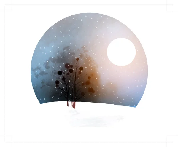 Paysage Hivernal Avec Arbre Lune Cercle Peinture Encre Orientale Traditionnelle — Image vectorielle