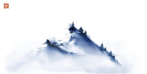 Pintura Tinta Com Pico Montanha Azul Fundo Branco Tinta Oriental —  Vetores de Stock
