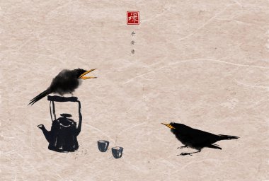 İki siyah kuş ve eski bir çaydanlık. Doğu çay seremonisi. Geleneksel oryantal mürekkep boyası sumi-e, u-sin, go-hua. Hiyeroglifler - barış, sükunet, berraklık, refah.