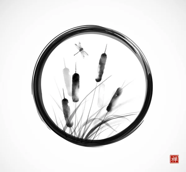 白地に黒い円状の円状の斑 葦の植物やトンボ 伝統的な東洋の水墨画 遊戯王華 ヒエログリフの訳 Zen — ストックベクタ