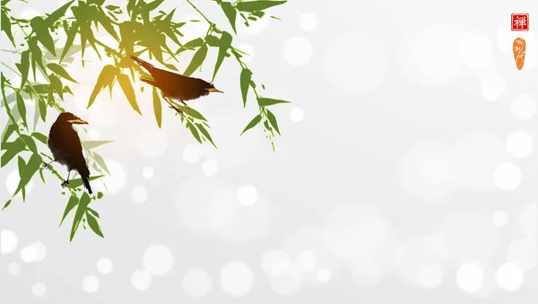 Oiseaux Assis Sur Bambou Vert Sur Fond Blanc Brillant Traduction — Image vectorielle