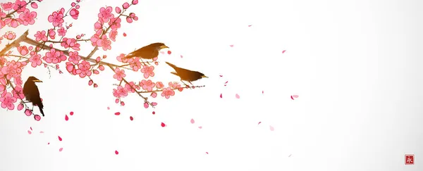Pássaros Sentados Ramo Florescente Sakura Tinta Oriental Tradicional Pintura Sumi — Vetor de Stock