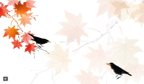 Чорний Птах Сидить Червоному Кленовому Дереві Традиційний Східний Малюнок Чорнила — стоковий вектор