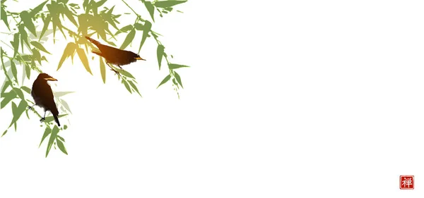 Uccelli Seduti Albero Bambù Verde Sfondo Bianco Tradizionale Pittura Orientale — Vettoriale Stock