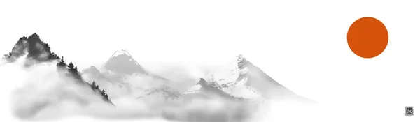 Малюнок Чорнила Туманними Горами Великим Червоним Сонцем Традиційний Східний Малюнок — стоковий вектор