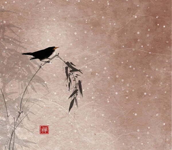 雪の下で竹の木の枝に座って小さな鳥 伝統的な東洋の水墨画 遊戯王華 ヒエログリフの訳 Zen — ストックベクタ
