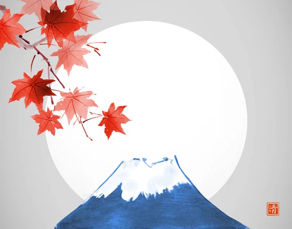 Rode Esdoorn Blad Fujiama Berg Traditionele Japanse Inkt Wassen Schilderij — Stockvector