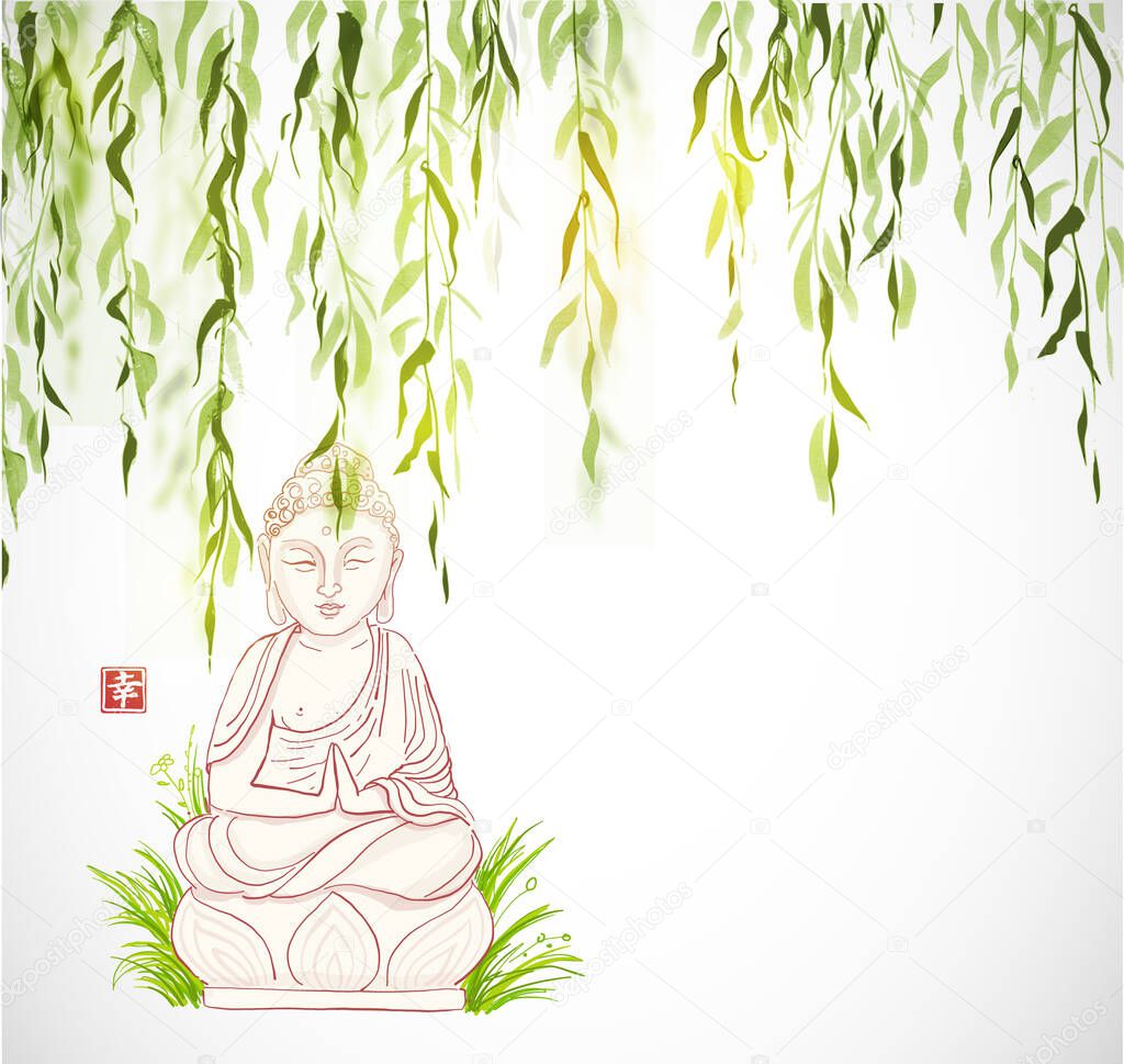 Buddha statue under the green willow tree on white background. Hieroglyph - happiness. Traditional oriental ink painting sumi-e, u-sin, go-hua.