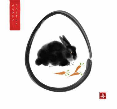 Doğu tarzında tavşan ve havuçlu Paskalya tebrik kartı. Geleneksel oryantal mürekkep boyası sumi-e, u-sin, go-hua. Hiyeroglifin çevirisi - neşe.