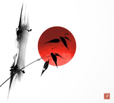 Bambu ağacıyla mürekkep boyası ve beyaz arka planda büyük kırmızı güneş geleneksel oryantal mürekkep boyası sumi-e, u-sin, go-hua. Hiyeroglif- refah.