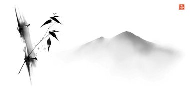 Ink painting with bamboo and far mountains on white background. Traditional oriental ink painting sumi-e, u-sin, go-hua. Translation of hieroglyph - eternity. clipart