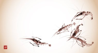 Kaliteli karides mürekkebi boyası. Geleneksel oryantal mürekkep boyası sumi-e, u-sin, go-hua. Hiyeroglifin çevirisi - refah