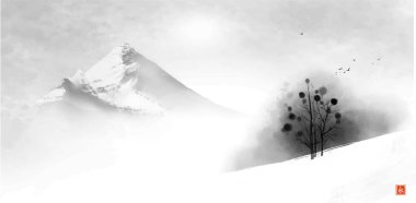 Dağın yamacındaki ağaçlarla ve çok sisli dağlarla kaplı kış manzarası. Geleneksel oryantal mürekkep boyası sumi-e, u-sin, go-hua. Hiyeroglifin çevirisi - sonsuzluk