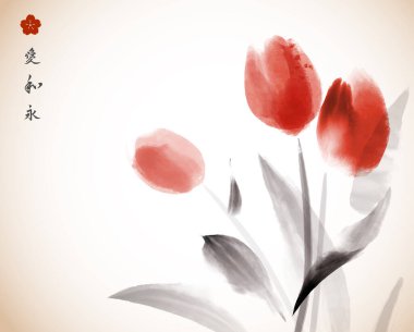 Klasik arka planda üç kırmızı lalenin minimalist mürekkep boyası. Geleneksel oryantal mürekkep boyası sumi-e, u-sin, go-hua. Hiyeroglif- sonsuz aşk ve uyum.