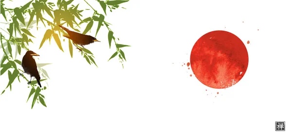 Πουλιά Που Κάθονται Πράσινο Δέντρο Μπαμπού Και Μεγάλο Κόκκινο Ήλιο — Διανυσματικό Αρχείο