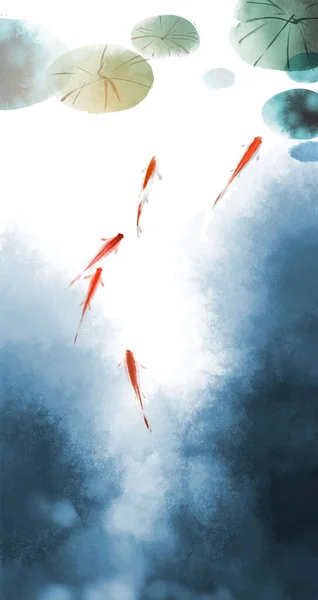 緑の蓮の葉の下の小さな赤い魚の学校 伝統的な東洋の水墨画水絵 — ストックベクタ