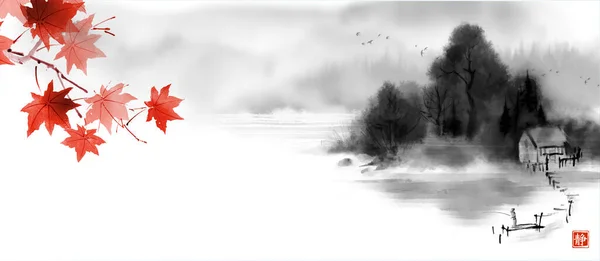 霧の川沿いの木製の桟橋に赤いカエデや漁師と風景 伝統的な東洋の水墨画 遊戯王華 ヒエログリフの訳 Silence — ストックベクタ