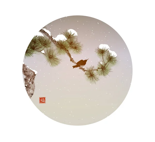 Ptak Śnieżnej Sosnie Tradycyjne Orientalne Malowanie Atramentem Sumi Sin Hua — Zdjęcie stockowe