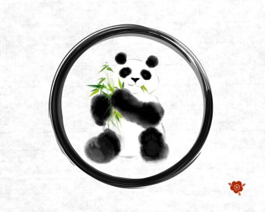 Panda, siyah enso zen çemberinde bambu yiyor. Geleneksel oryantal mürekkep boyası sumi-e, u-sin, go-hua