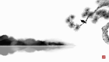 (Çoklu Değerler) Çam ağacı ve sisli ada manzarası. Geleneksel oryantal mürekkep boyası sumi-e, u-sin, go-hua. Hiyeroglifin çevirisi - refah.