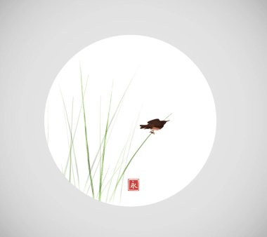 Sazlıkta oturan kuş gri arka planda beyaz daireler çiziyor. Geleneksel oryantal mürekkep boyası sumi-e, u-sin, go-hua. Hiyeroglifin çevirisi - sonsuzluk.