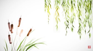 Kedi kuyruğu, kamış bitkisi ve söğüt yaprakları. Geleneksel oryantal mürekkep boyası sumi-e, u-sin, go-hua. Hiyeroglif- mutluluk