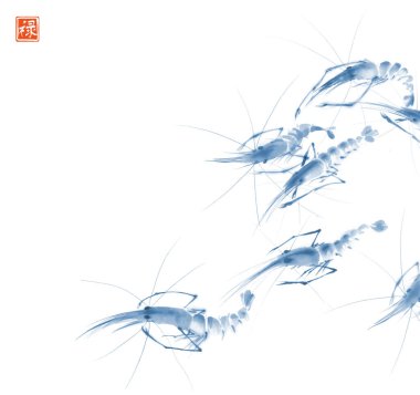 Minimalist tarzda mavi okyanus karideslerinin mürekkep boyası. Geleneksel oryantal mürekkep boyası sumi-e, u-sin, go-hua. Hiyeroglifin çevirisi - refah.