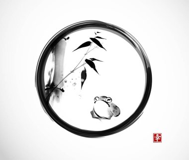 Kurbağa ve bambu enso zen çemberinde beyaz arka planda. Geleneksel Japon mürekkep boyası sumi-e. Hiyeroglifin çevirisi - mutluluk.