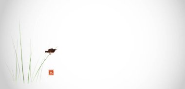 Siste sazlıkta oturan kuş sapı. Geleneksel oryantal mürekkep boyası sumi-e, u-sin, go-hua minimalist tarzda. Hiyeroglifin çevirisi - sonsuzluk.