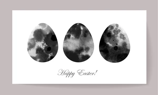 Easter Greeting Card Three Ink Wash Painted Easter Egg — Stock Vector