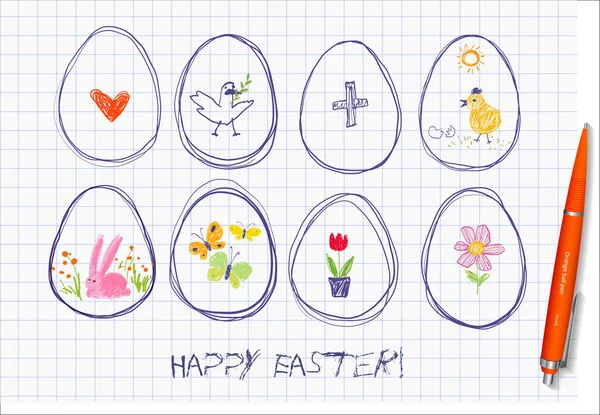 Children Drawing Easter Doodles Pen Crayons Lined Paper Background — Stock Vector