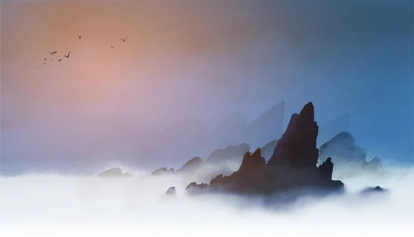 안개낀 바위와 하늘을 인물화 전통적 동양화 Sumi Sin Hux — 스톡 벡터