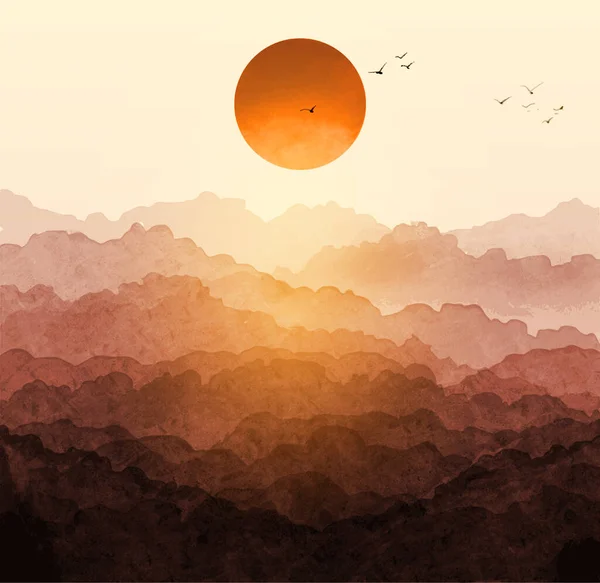 森林の山々と大きな赤い太陽と日の出の風景 伝統的な東洋の水墨画水絵 — ストックベクタ