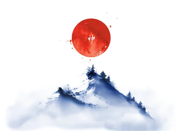 Pintura Tinta Com Pico Montanha Azul Grande Sol Vermelho Fundo — Vetor de Stock