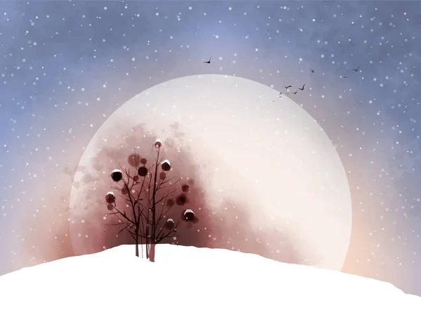 Landscape Snowfall Tree Snow Covered Field Big Moon Sky Traditional — Stock Vector